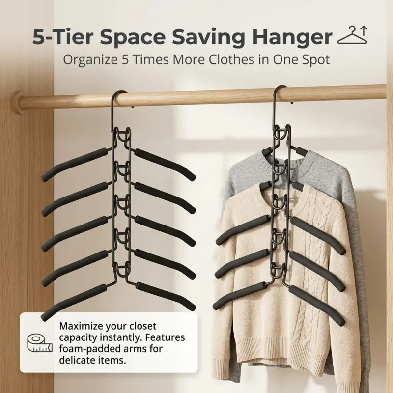 5-Tier Space Saving Hanger, Non-Slip Foam Padded Multi-Layer Clothes Hanger, Heavy-Duty Metal Closet Organizer, 5-in-1 Vertical Hanger for Shirts, Sweaters & Delicate Garments, Closet Hangers