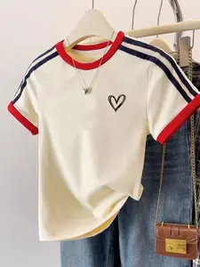 Women's Summer Colorblock Heart Print Short Sleeve T-Shirt, Loose Fit, Round Neck, Casual Fashion, All Seasons, Trendy Streetwear
