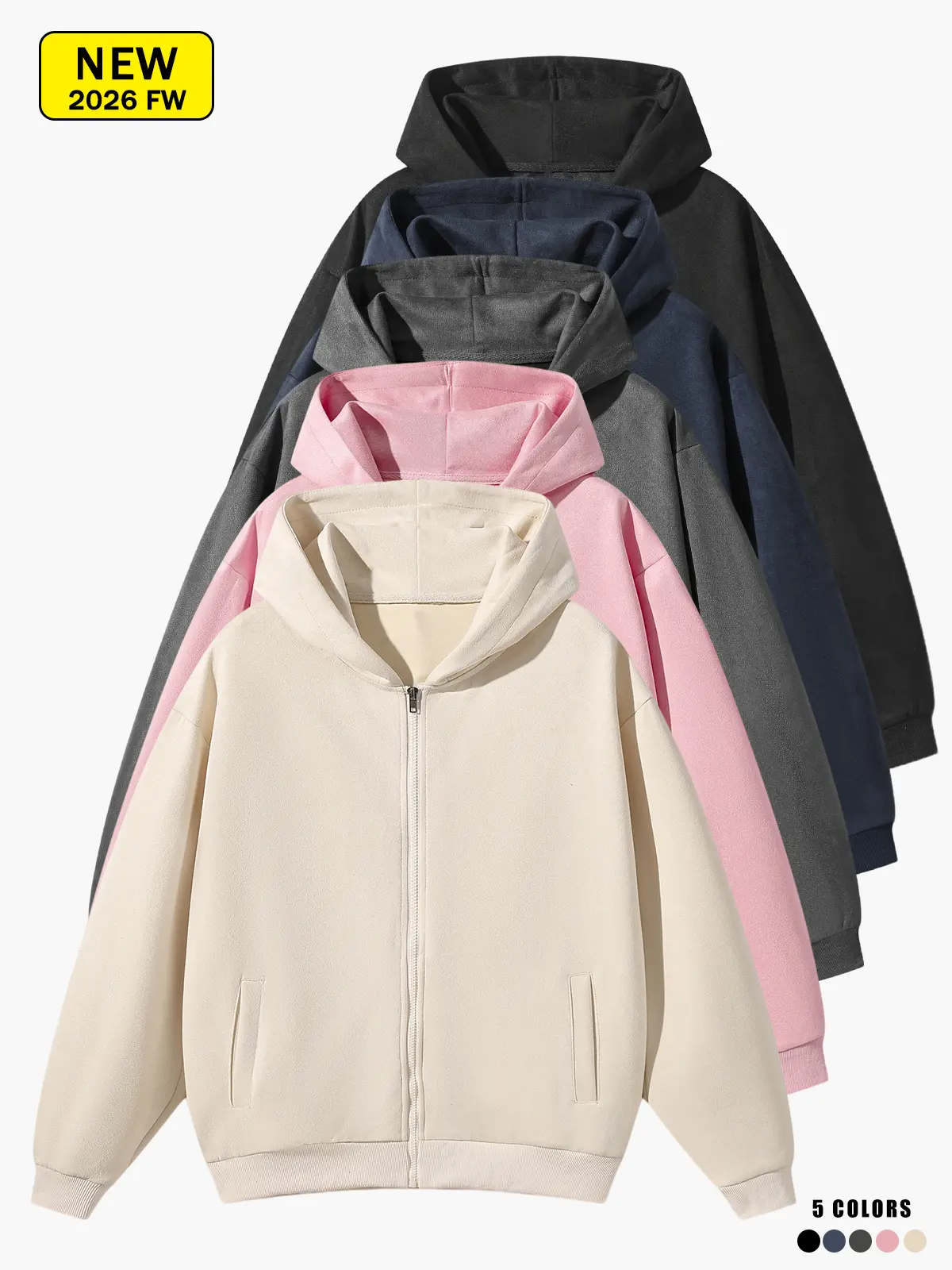 Unisex Oversized Full Zip Up Hoodie, Solid Color Loose Fit Long Sleeve Side Pockets Hooded Sweatshirt, Casual Streetwear Jacket for Men Women