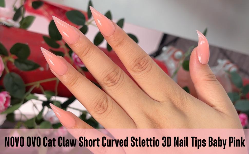 NOVO OVO 3D Cat Claw Nail Tips Baby Pink, 128Pcs Short Curved Stiletto Press on Nails with Built-in APEX, PMMA Full Cover Clear Eagle False Nails for Halloween Cosplay & Salon Extension, 16 Sizes【Does not include builder gel, top coat, glue, or UV lamp】