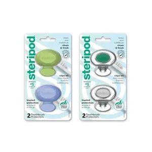 Steripod Clip-On Toothbrush Protector, Keeps Toothbrush Fresh and Clean, Fits Most Manual and Electric Toothbrushes, Blue, Green, Clear, 4 Count
