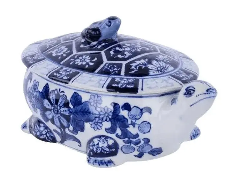 10"L x 6"W x 4.75"H Porcelain Turtle – Blue/White