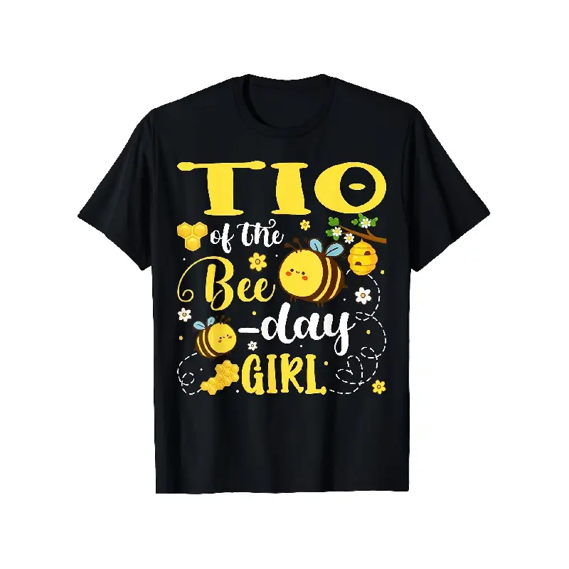 Men'S Women'S Birthday Party T-Shirt |   Tio Of The Bee Day Girl Graphic Tee, Black With Yellow Bee, Floral Design, Soft Everyday Casual, All-Season, Breathable, Sweat-Wicking, Suitable For Daily Commutes, Loungewear