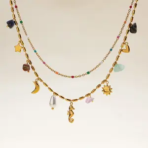 Summer Dopamine Colorful Beaded Pendant Necklace, Beach Vacation Seahorse Sun Star Pendant Collarbone Chain, Bohemian Vacation Style Double-Layer Necklace whimsical jewelry