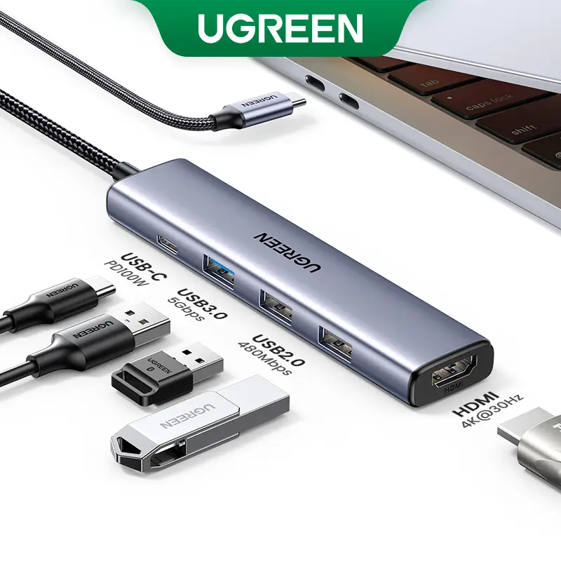 UGREEN 5in1 USB C Hub Type C to PD 100W Power Delivery, 4K@30Hz HDMI, 3 USB-A 5Gbps Data Ports, Type C Multiport Adapter for Macbook Air Pro, iPad Pr
