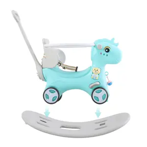 Blue Unicorn Toddler Rocking Horse 4-in-1 Balance Bike Ride On Toy with Push Handle Backrest Balance Board HDPE Anti-Tip Stable Indoor Outdoor Toy for 1-3 Years Old Boys Girls