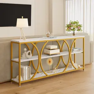 ONBRILL Modern Console Table,70.8 Inch Extra Long Entryway Table with 3 Tier Storage Shelves for Living Room,Hallway, Entrance,Sofa Table with Geometric Gold Frame & Faux Marble Tabletop