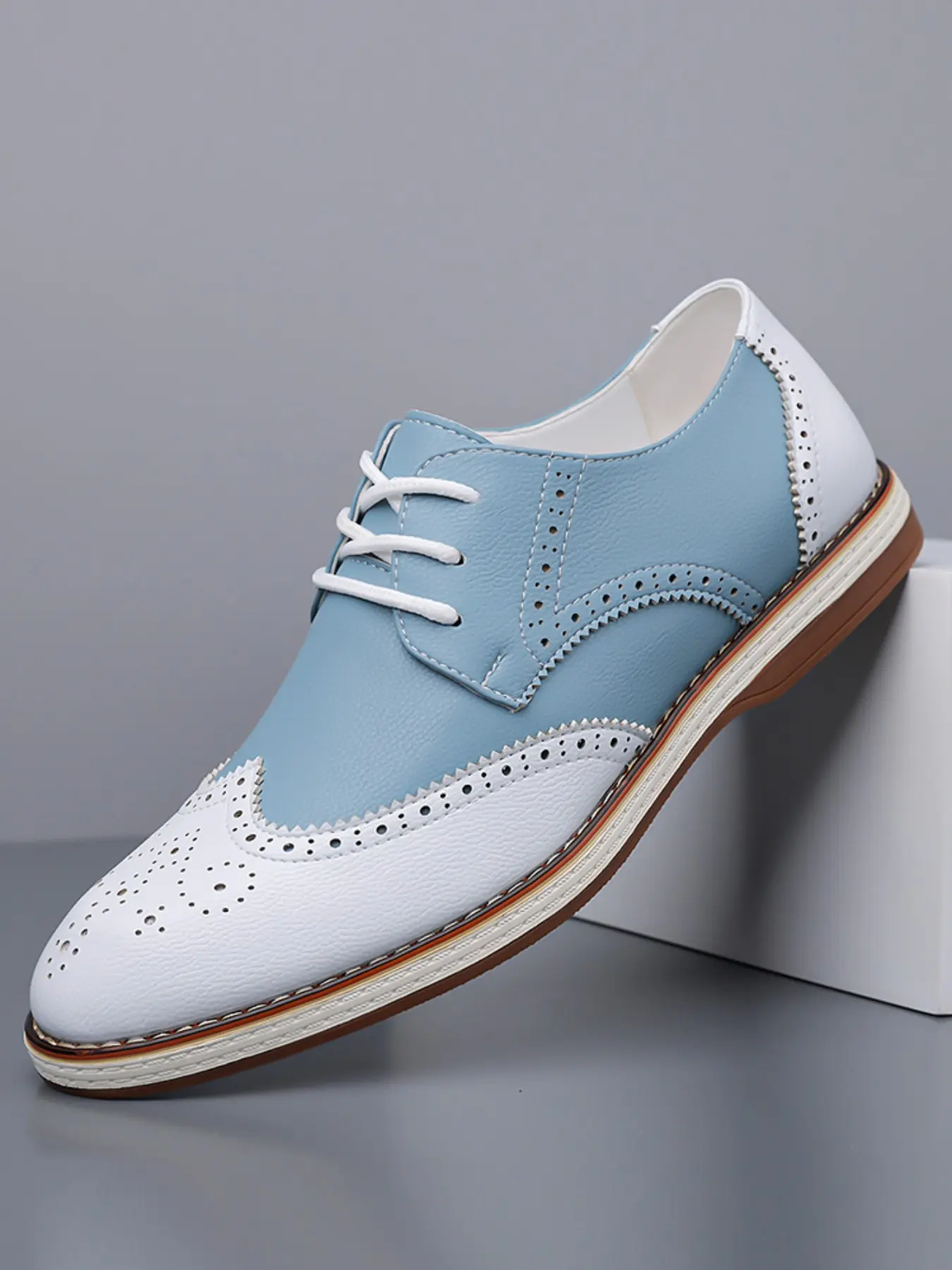Men's Fashion Business Classic Formal Non Slip Oxford Shoes, Durable PU Material, Blue Wingtip Design, Low Top, Anti-Slip Rubber Sole, Comfortable PU Insole, Work Office Shoes