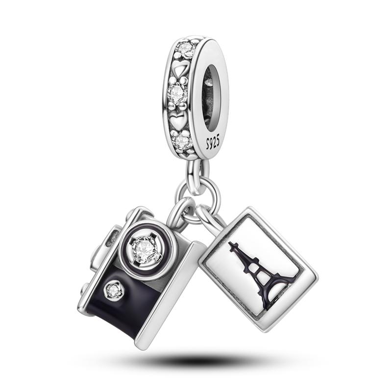 MULA Travel Adventure Beads 925 Sterling Silver, Platinum Plated, Inlaid with Zirconia, Fits Original Pandora Bracelets and Necklaces, Perfect DIY Jewelry for Women, Men and Teens - Explore the World Series