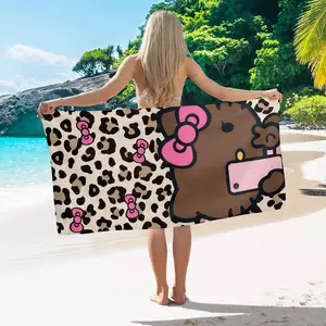 Sanrio Hello Kitty Leopard Print Beach Towel with Pink Bow Design for Summer Fun at the Beach Perfect for Tropical Vacations