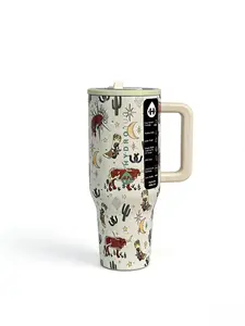 HydroJug 40oz Western Cowboy Tumbler with Handle Insulated Stainless Steel Cup Leakproof Lid Retro Desert Cattle Design Portable Drinkware Flasks Mug Bottles Water Bottles frozen drink glitter toddler gym can Engine-Themed Double-Walled bartender pink