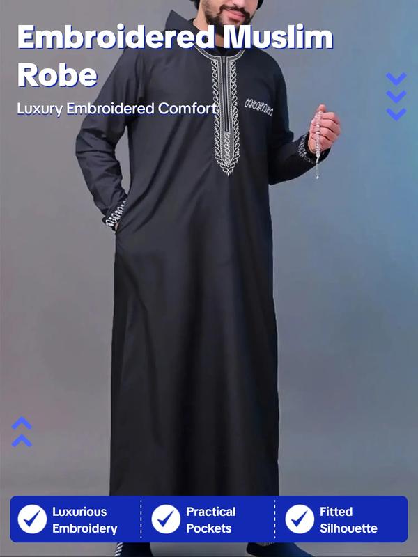 Men's Ethnic Pattern Embroidery Zipper Hooded Robe, Traditional Long Sleeve Pocket Jubba Thobe for Daily Wear, Men's Islamic Clothing for All Seasons, Traditional Arabic Robe