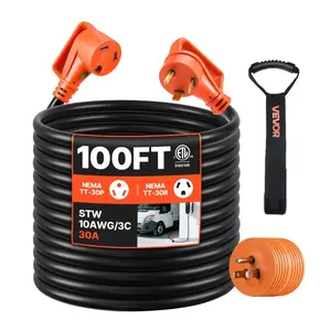 Heavy Duty 100 FT RV Extension Cord, 30A 125V 2500W STW 10/3 Gauge Wire, NEMA TT-30P Male & TT-30R Female Plugs, Power Light LED Indicator, Handle, 15A Adapter, ETL Listed for RV Trailers