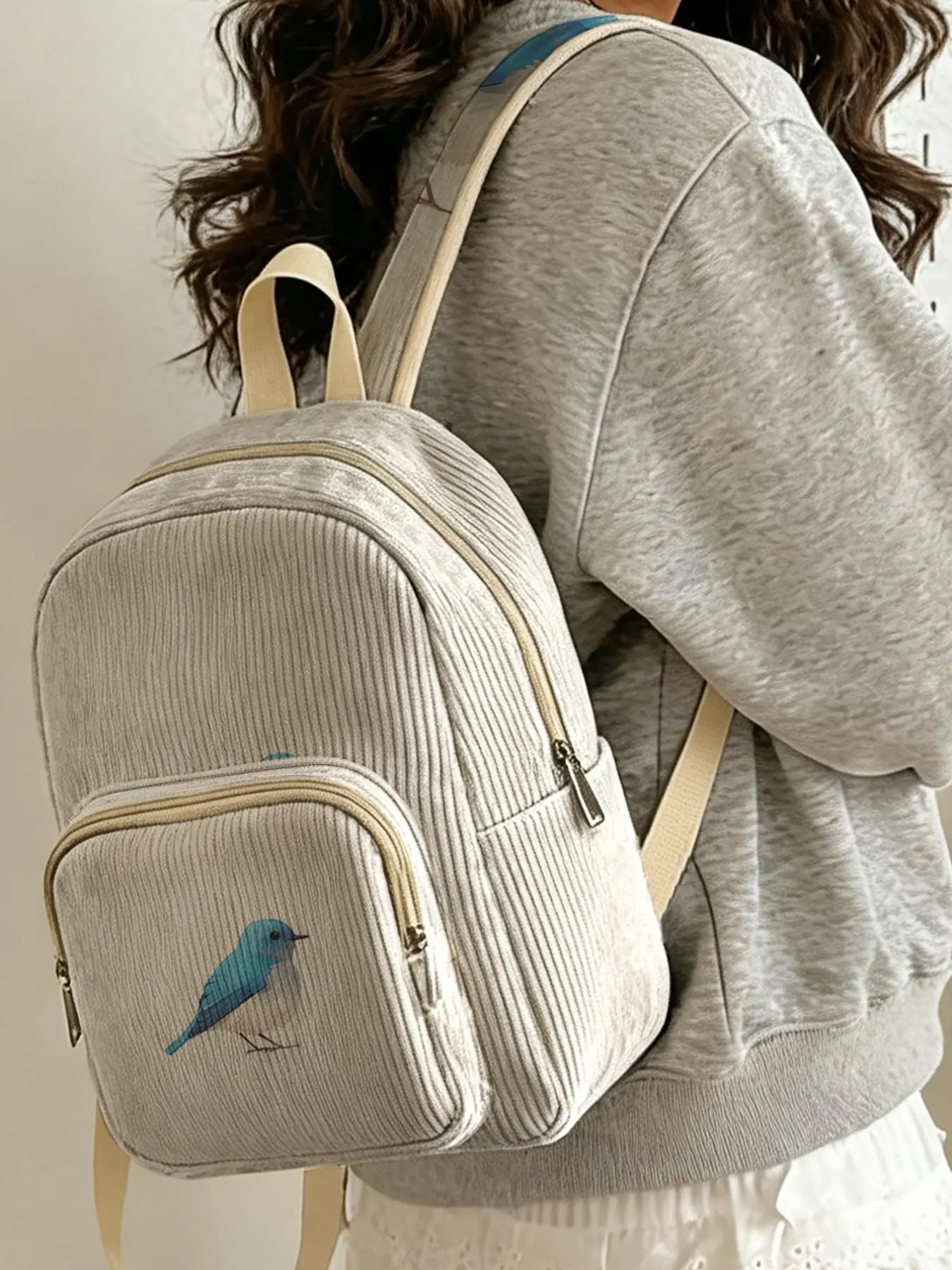 1 piece of blue and white bird pattern 2D printed lady's backpack, velvet texture + layered storage + light weight reduction | perfect for students to go to class/shopping/short trips | combines atmosphere with practicality