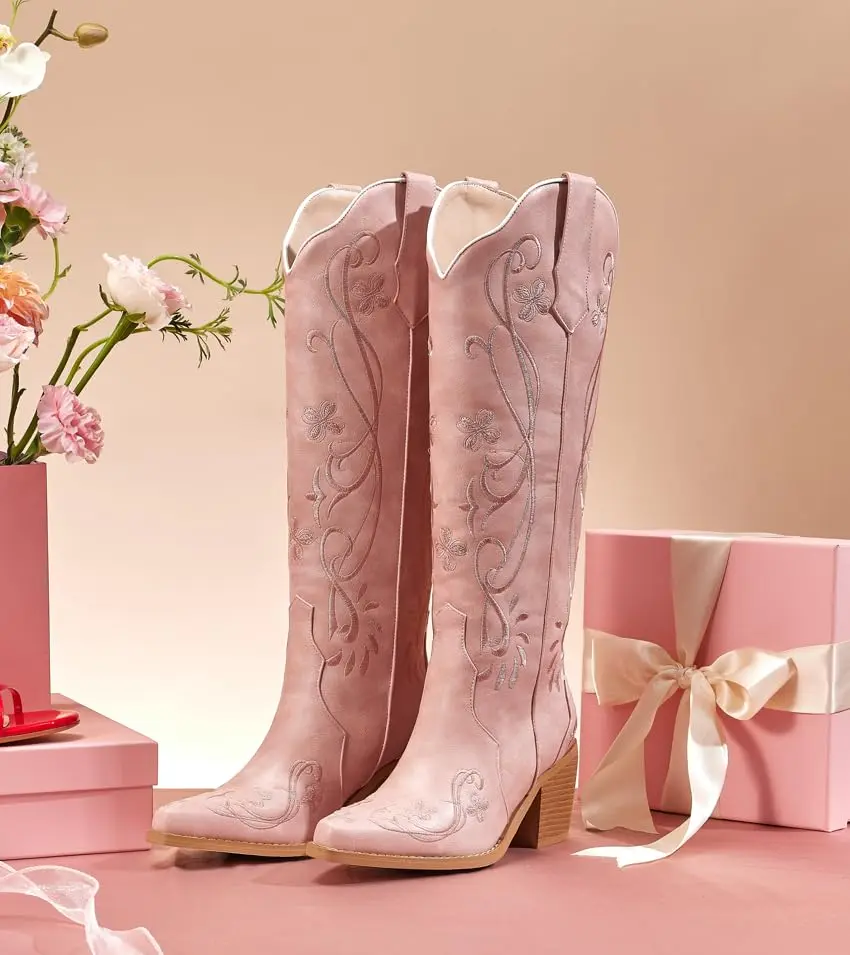 Women's Western Cowboy Boots - Knee-High, Floral Embroidered Almond Heads, Chunky Heel, Pull-On, Retro Country Girl Aesthetic, Urban Cowboy, Western Elegance, All Seasons Fashion Boots