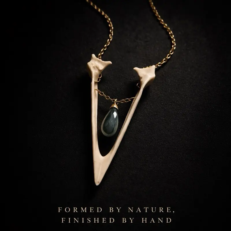 Real Jawbone Avian Relic Necklace with Labradorite Stone and Gold Chain