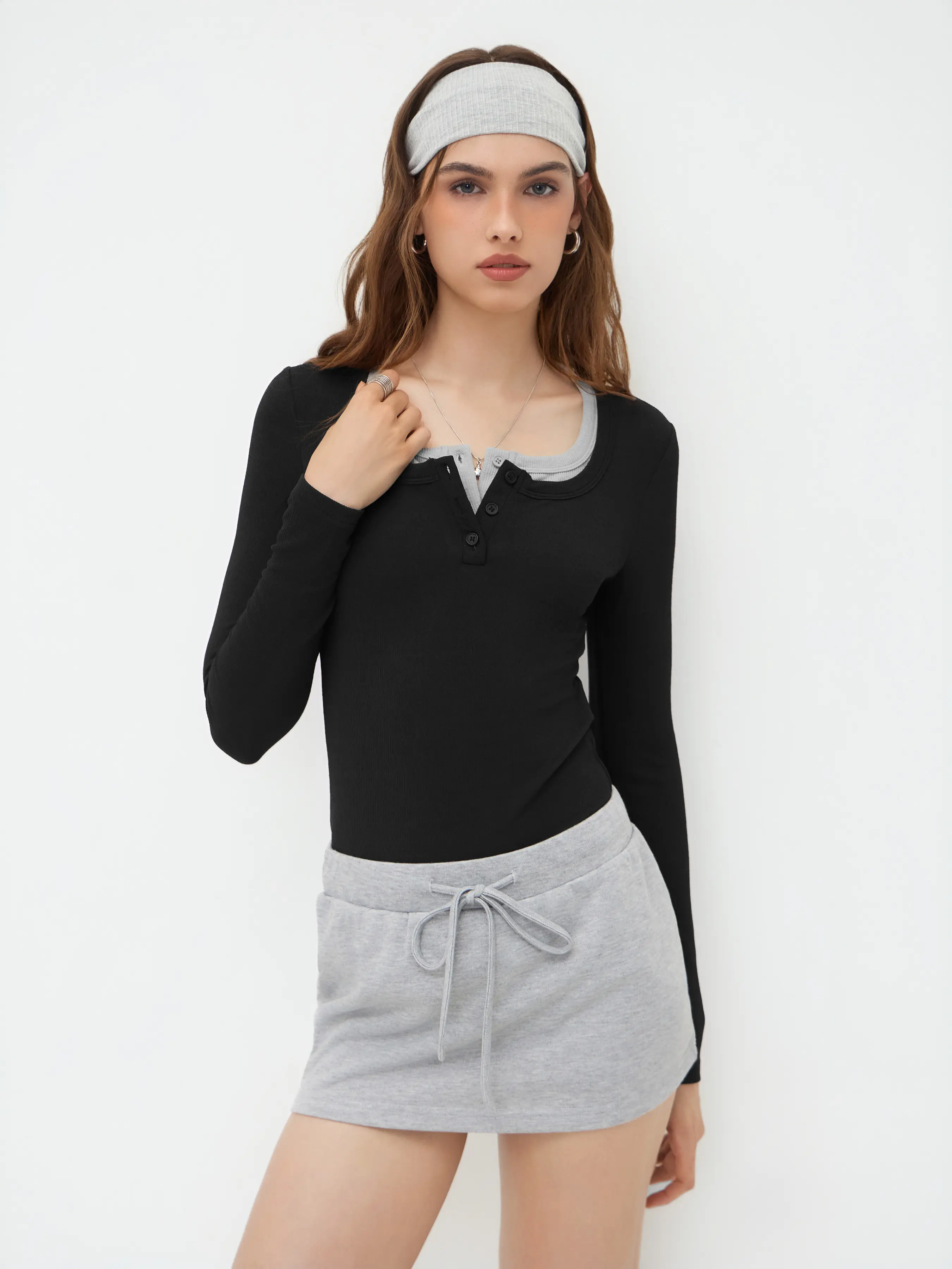 Cider Women's Ribbed Solid Elastane Bodysuit - Basic Square Neck Medium Length Regular Sleeve Knitted Top with Contrast Binding, Women's Tops & Clothes