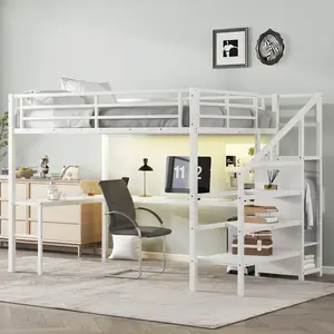 Queen Size Loft Bed with L-shaped Desk and USB, Metal Loft Bed with Wardrobe and Adjustable Shelf, High Loft Bed with LED for Kids Teens Adults, White