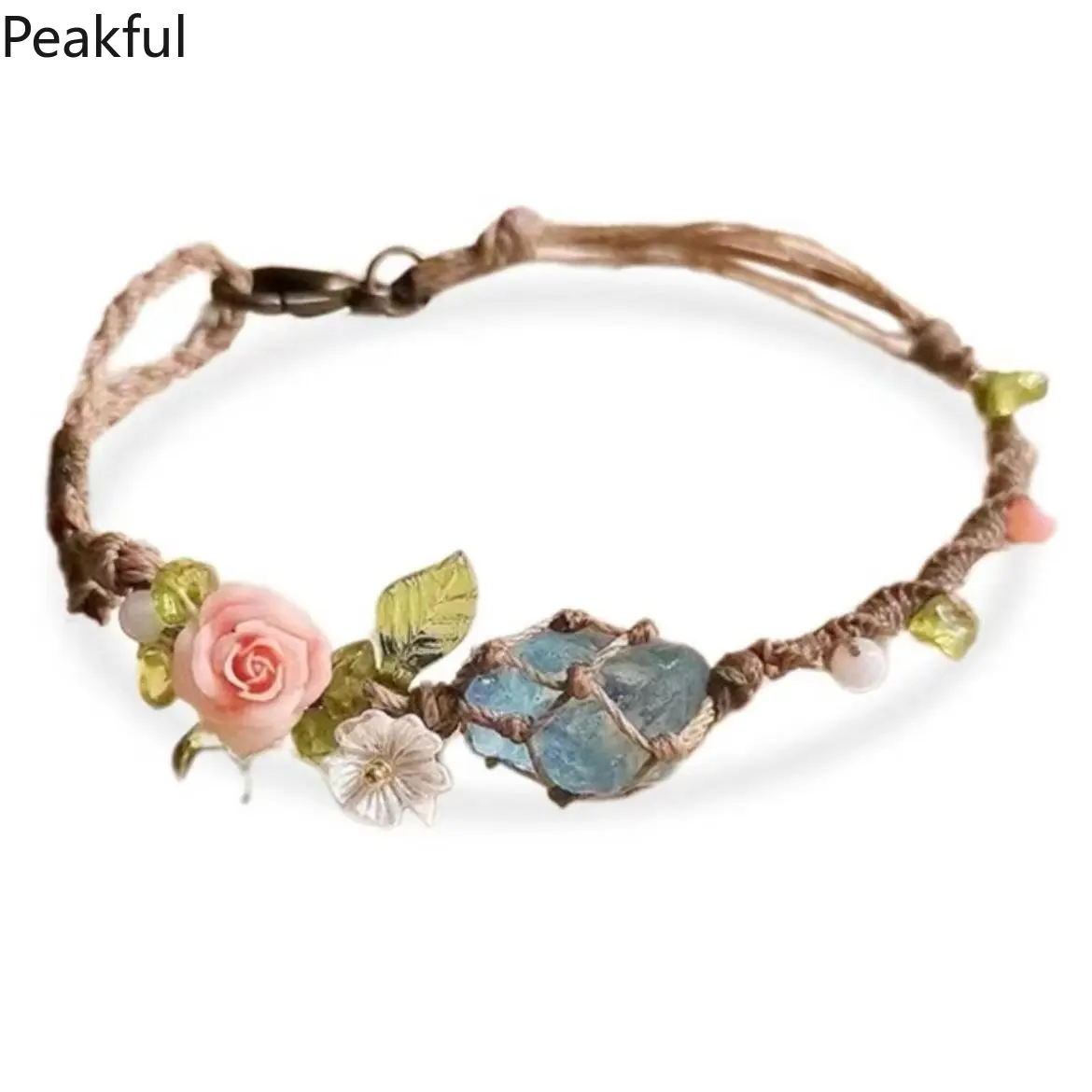 Natural Blue Calcite Stone Bracelet, Trending Handwoven Cord Wrist Jewelry, Raw Stone Mesh Pouch Bangle for Women, sturdy synthetic fiber cord & unique handmade craft, ideal for daily wear, party styling and sweet gifts for best friends