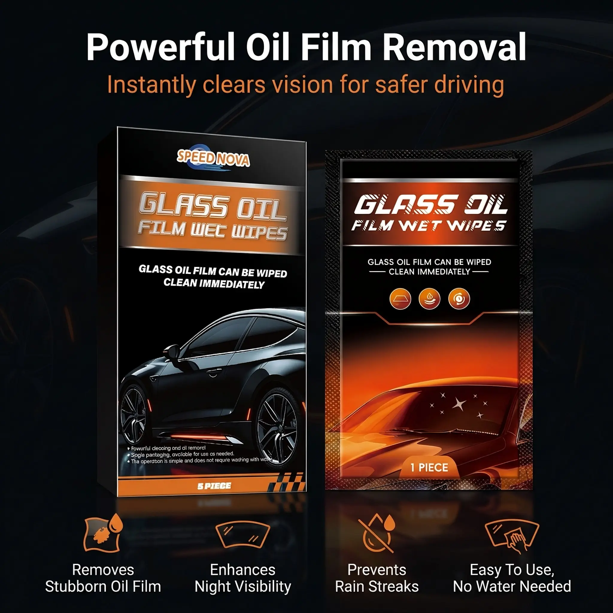 Car Glass Oil Film Remover Wipes, Powerful Stain Cleaning, Long-Lasting Clear Vision, Water Repellent Anti-Fouling Window Cleaner Wipes for Auto Windshield & Home Glass Daily Use