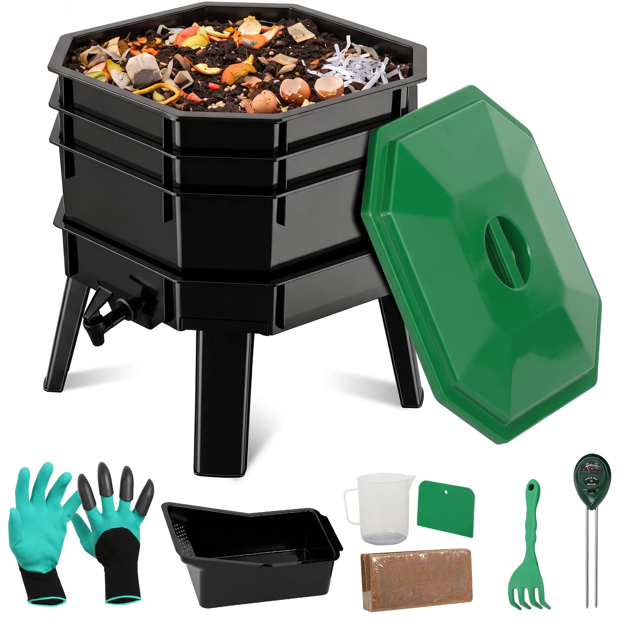 Segawe Stackable Worm Bin Kit, Odor-Free PP Worm Compost Bin Indoor/Outdoor Vermicompost Bin with Soil Meterr, Coco Coir, Gardening Tools