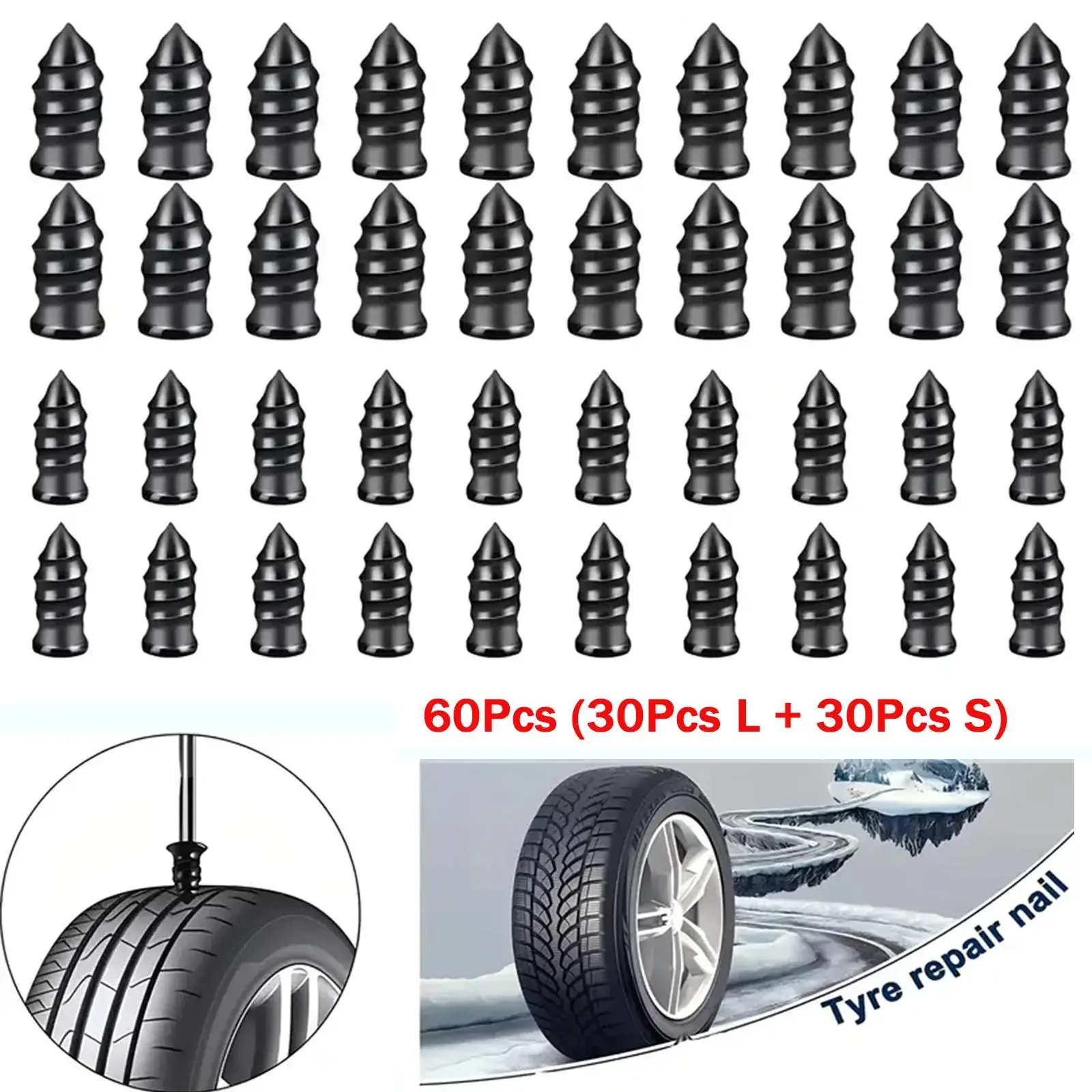 60Pcs Tire Repair Screws Plugs Kit Self Service Vacuum Rubber Nails for Car Motorcycle Truck Tractor Puncture Fast Emergency Roadside Repair Supplies