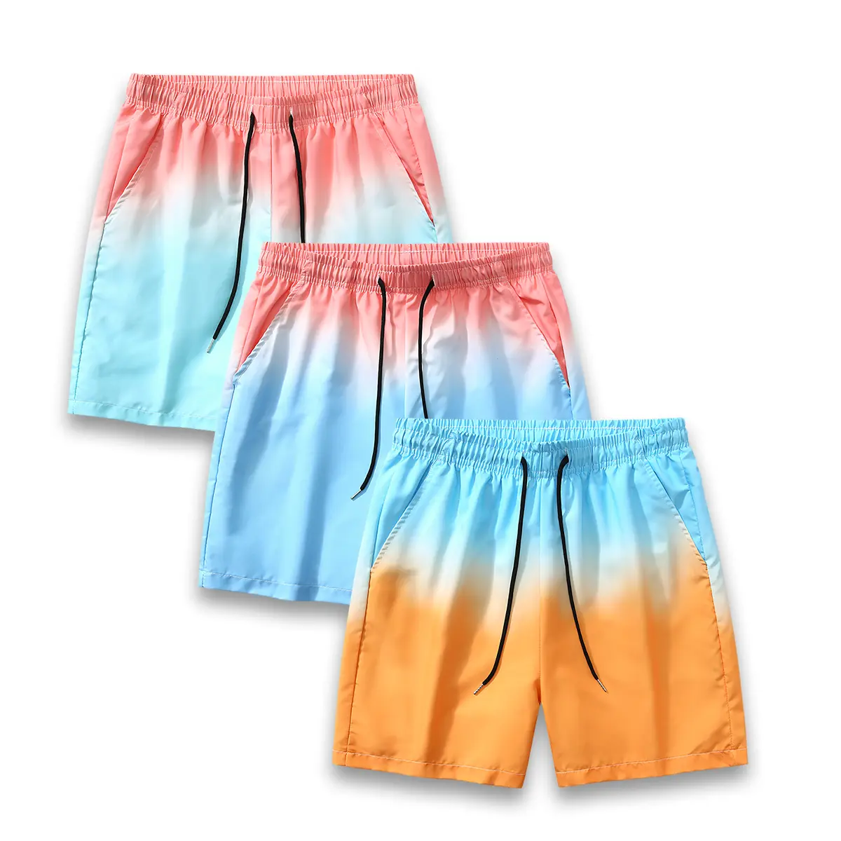 Men's three-piece casual shorts with gradient print, regular fit, equipped with an adjustable drawstring, suitable for travel, workouts, and casual summer adventures, with a beach-style design. Ombre Menswear
