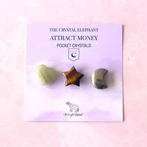 The Crystal Elephant Pocket Crystals - Protect Your Energy, Attract Money, Love Sets - 3 Genuine Crystals in Moon Heart Star Shapes - Perfect for Daily Intentions & Gift-Giving