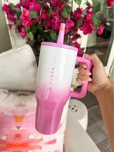 hydroJug Traveler 32 oz pink gradient Plaid Bottle with Flip-Top Straw Design Leak-Proof Seal Stainless Steel Tumbler for Men Women Portable Hydration Companion Bottled Drinkware Mug