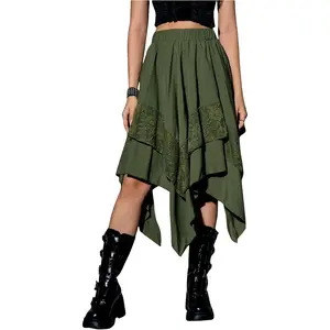 Women's Renaissance Flowy Fairy Skirt Contrast Lace Layered Asymmetrical Midi Skirts