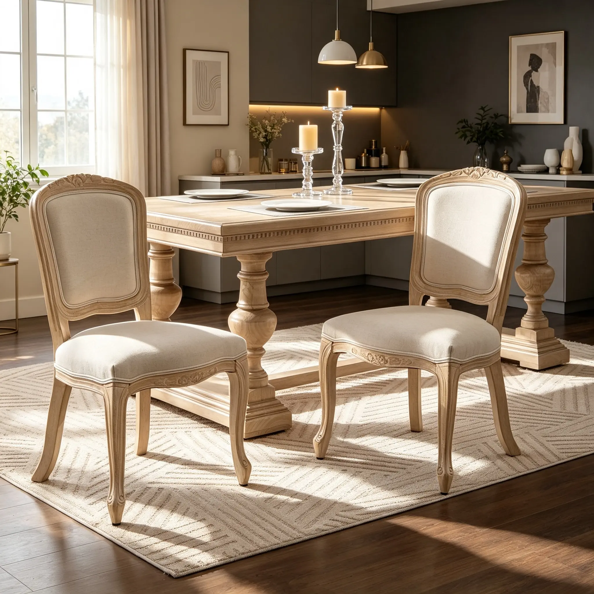 French Country Dining Chairs Set of 2 with Rattan Square Back. Upholstered Solid Wood Chairs, Carved Front Legs, Brushed Finish, Linen Fabric, Disassemblable Space-Saving Design, Living Room Kitchen Restaurant Seating.