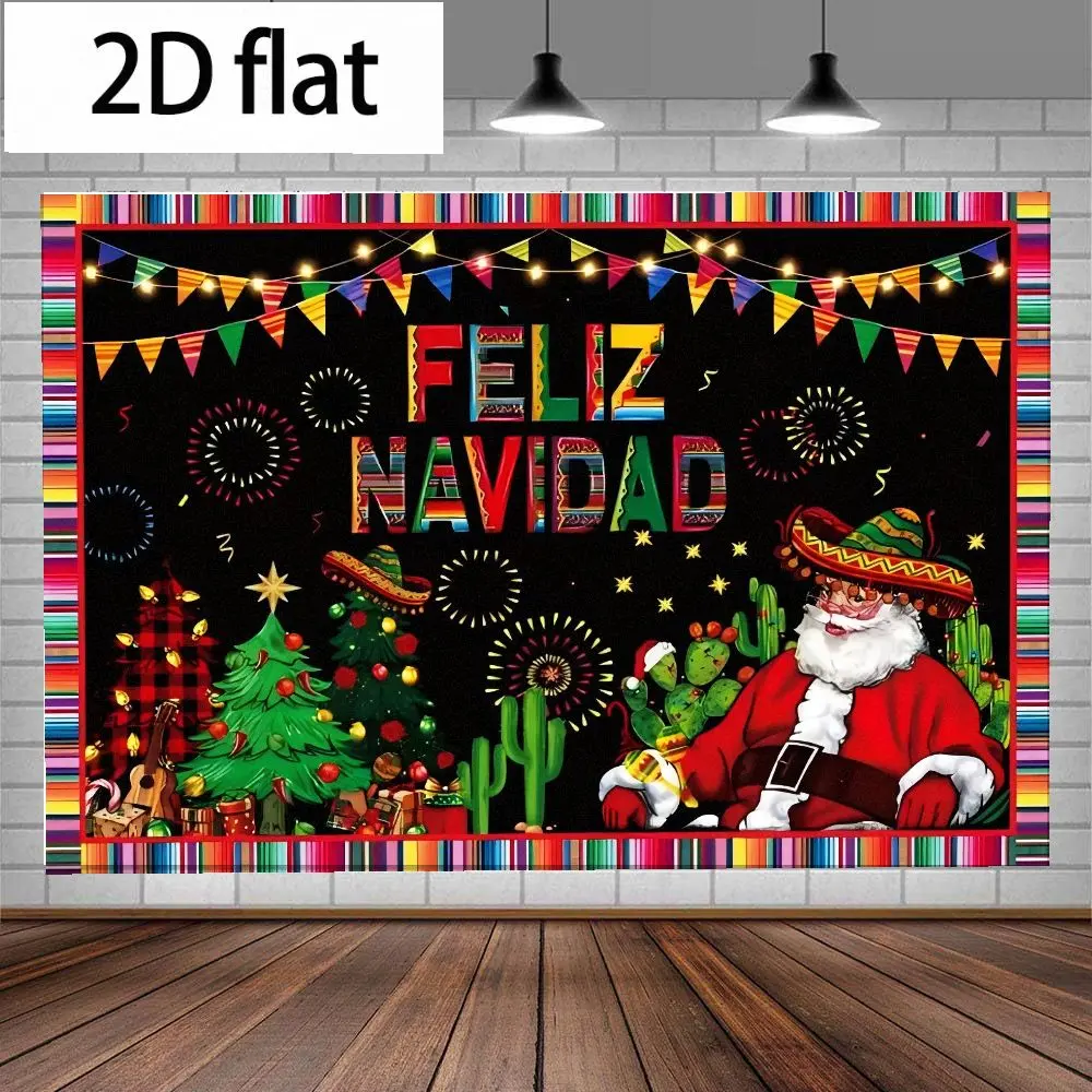 1pc Mexican Festive Christmas Background Banner, Vibrant Feliz Navidad design with straw hat and cactus, string lights and bunting, suitable for indoor/outdoor holiday decorations, parties and home Christmas supplies