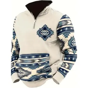 Men Western Fleece Jacket Cowboy Bull Head Print Pullover 1/4 Zip Up Stand Collar Country Sweatshirts Western Gifts For Men With Pocket