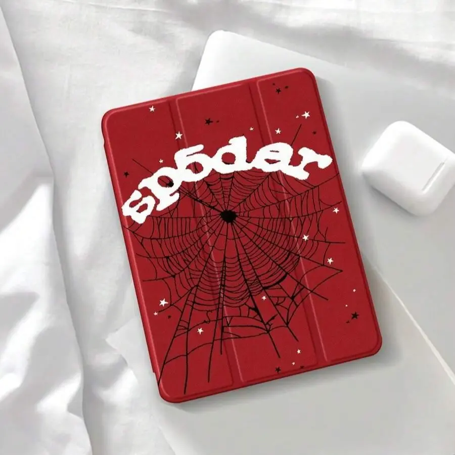 Spider Web Red iPad Case, Trifold iPad Cover with Auto Wake Sleep, Gothic Protective Tablet Case with Stand