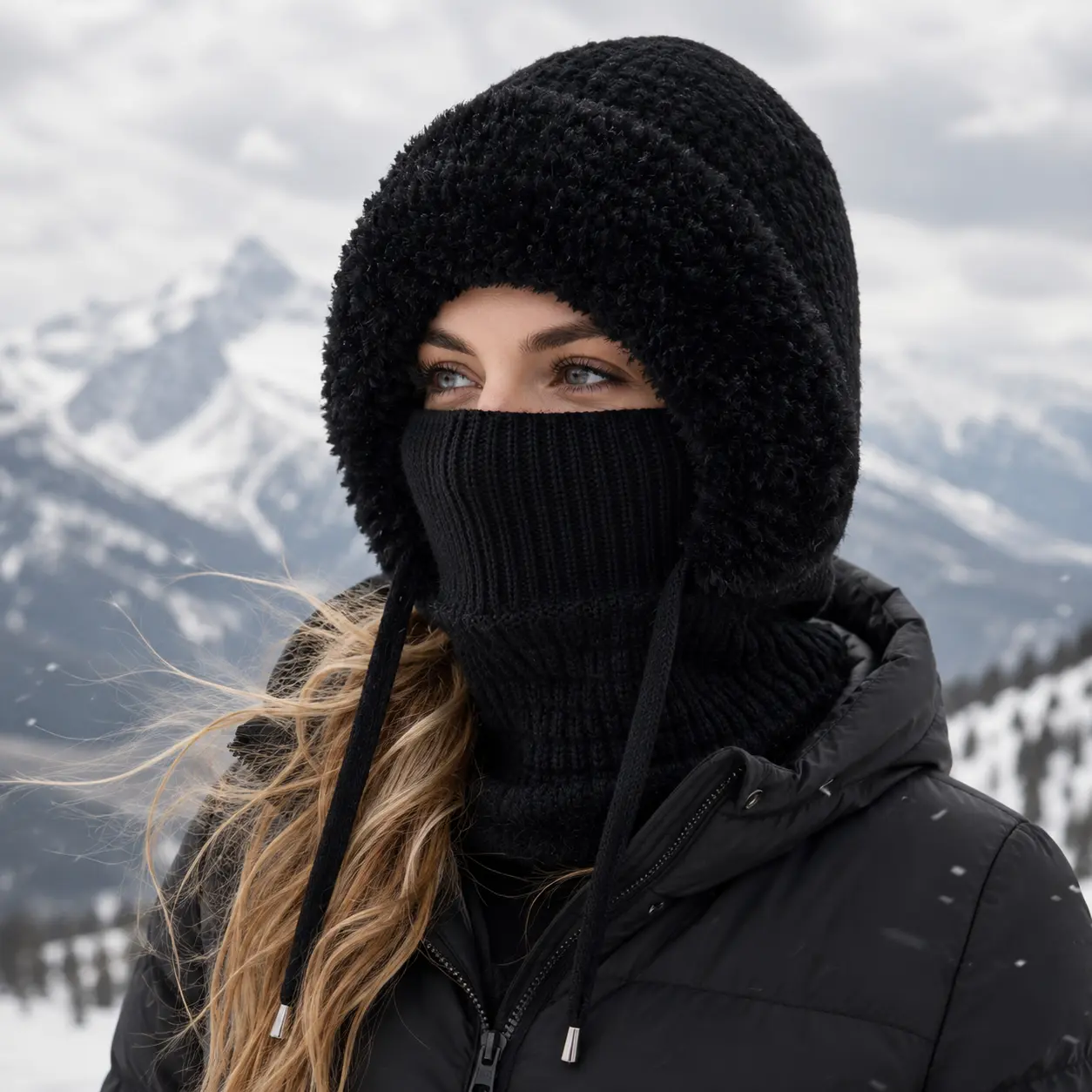 Women's 3-in-1 Knitted Beanie Hat - Wind-Resistant Balaclava, Thick Plush Lining, Hooded Scarf Clothes for Winter Cold, Synthetic, Outdoor Skiing, Unisex Casual Use