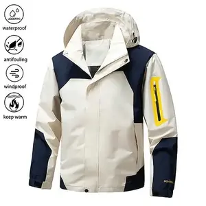 Men's Hooded Windproof Waterproof Splicing Colorblock Fashion Versatile Softshell Jacket, Outdoor Sports Climbing Hiking Scratch-resistant Durable Coat
