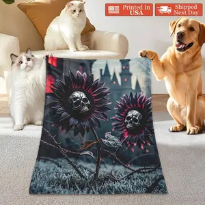 Sunflower Plant With Skull Grassland And Castle Design Pet Throw Blanket Pet Blanket Featuring Cat And Dog Patterns Warm And Snuggly For Your Furry Companion Ideal For Lounging Or Napping Adds Cozy And Mysterious Vibe To Your Home Decor Space