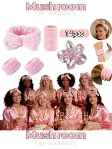 14pcs pink pajama party styling tool set, suitable for face washing and skincare, daily styling, and birthday parties, including absorbent wristbands, butterfly headband, large egg flower hair clips, Hair accessories set