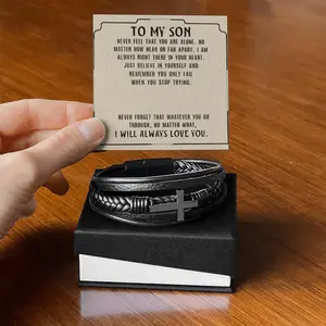 To My Son Cross Bracelet, Meaningful Son Gift From Mom Or Dad, Cross Bracalet With Inspirational Message Card & Gift Box, Christian Jewelry Gift For Birthday, Christmas, Graduation, Valentine’s Day & Special Occasions, Leather Braided Bracelet For Men