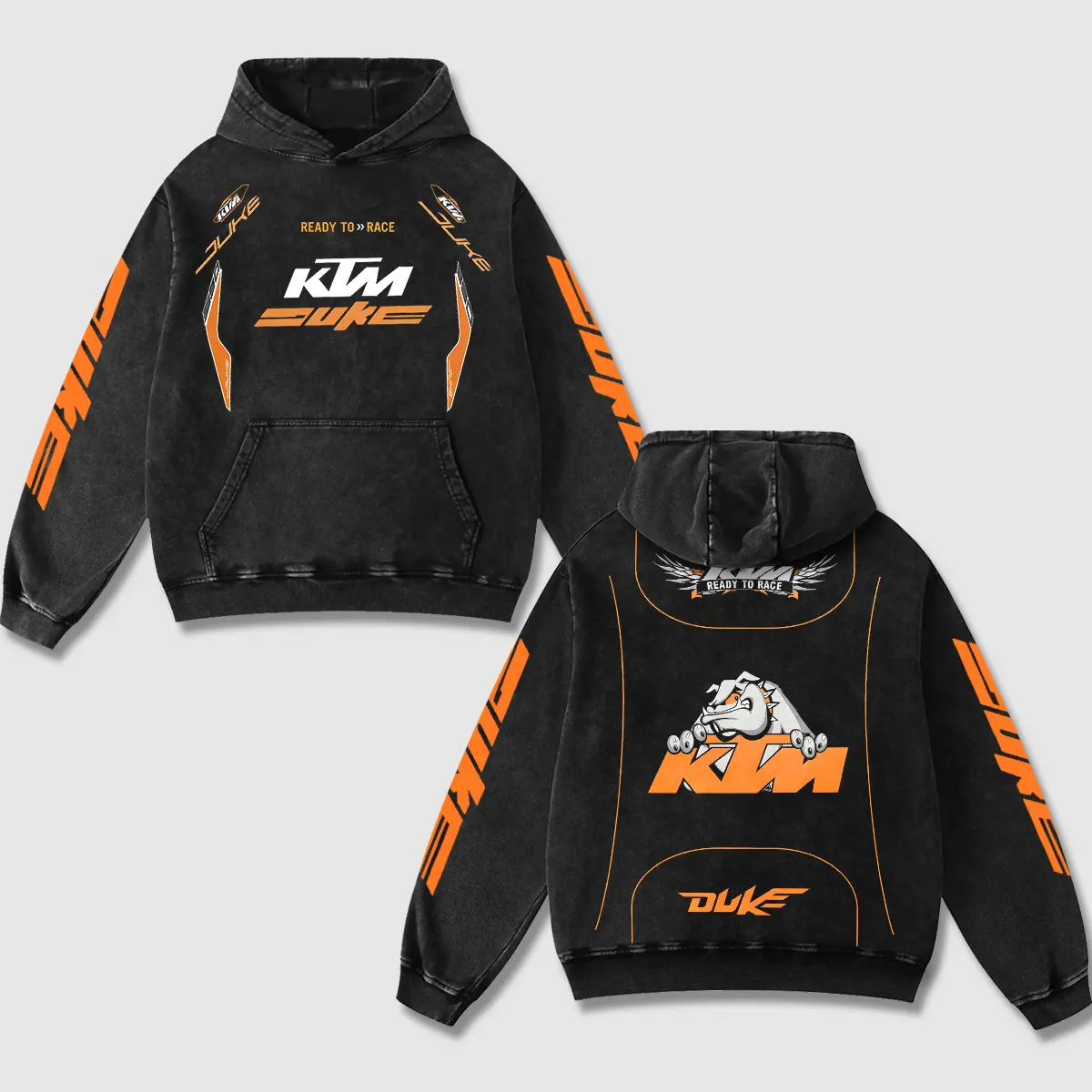 Retro Ready To Race KTM Duke Racing Acid Washed Hoodie MotoGP World Champion Enthusiast Apparel Streetwear Racing Team Motorcycle Clothing Motobike Riders Supermotor Off-Road Dirt Bike Fan Gear Cotton For Motor Fan
