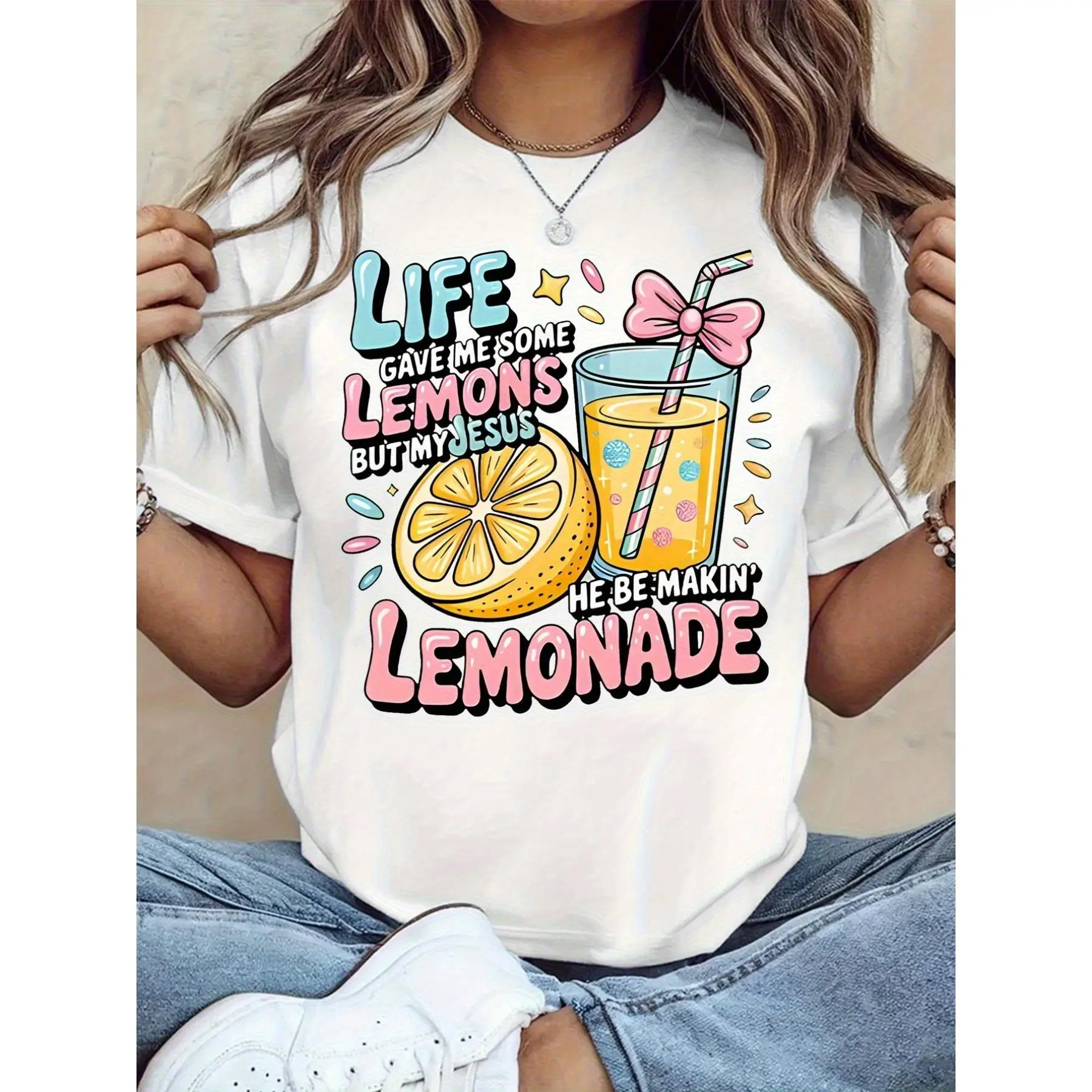 Women's Christian Casual Tee Shirts - 100% Cotton, Chic 'Jesus Makes Lemonade' Short Sleeve Round Neck, Stretchy Knit Fit All Over Print Party Lemonade Faith Cue Giftable Tee for Thanksgiving, Easter