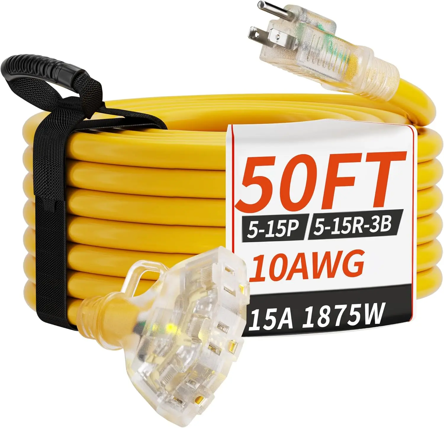 50 FT 10 Gauge Outdoor Extension Cord with Multiple Outlets Light , Flexible 3 Outlet Weatherproof Heavy Duty Extension Cord  Yellow, 15A 1875W 10AWG SJTW, ETL Listed