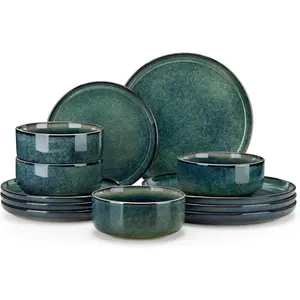 Starry 12 count Dinnerware Sets for 4, Green Reactive  Dishes Sets, Ceramic Plates and Bowls Set, Dinner Salad Dessert Plates, and Cereal Bowls Set, Dishwasher and Microwave Safe