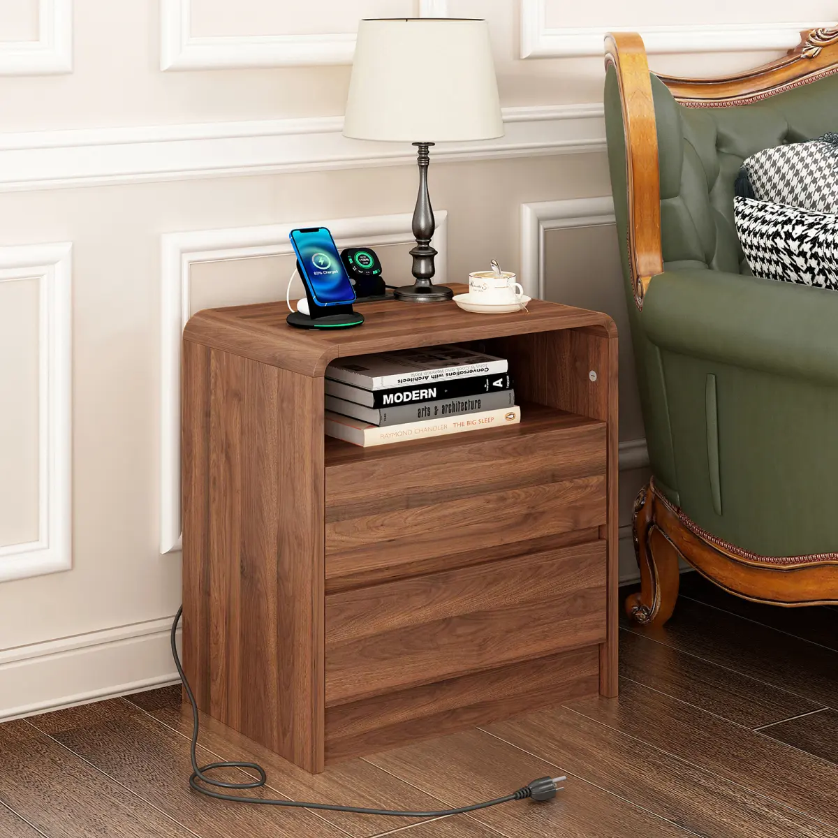 [Bellemave] 25" Tall Modern Nightstand with Charging Station, 23.6'' Wide Wood Bedside Table w/2 Storage Drawers, Large Mid Century End Table for Bedroom, Living Room, Curved Profile Design