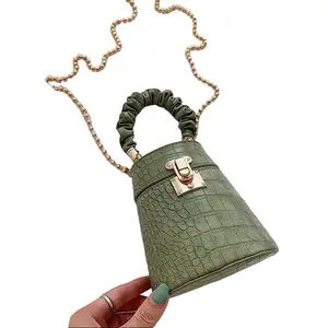 Women’s Luxury Crocodile Embossed Cylinder Bucket Bag, Ruched Handle Mini Crossbody Shoulder Purse with Gold Chain & Decor Pendants, Trendy Textured Handbag for Party Dating Shopping Daily Wear
