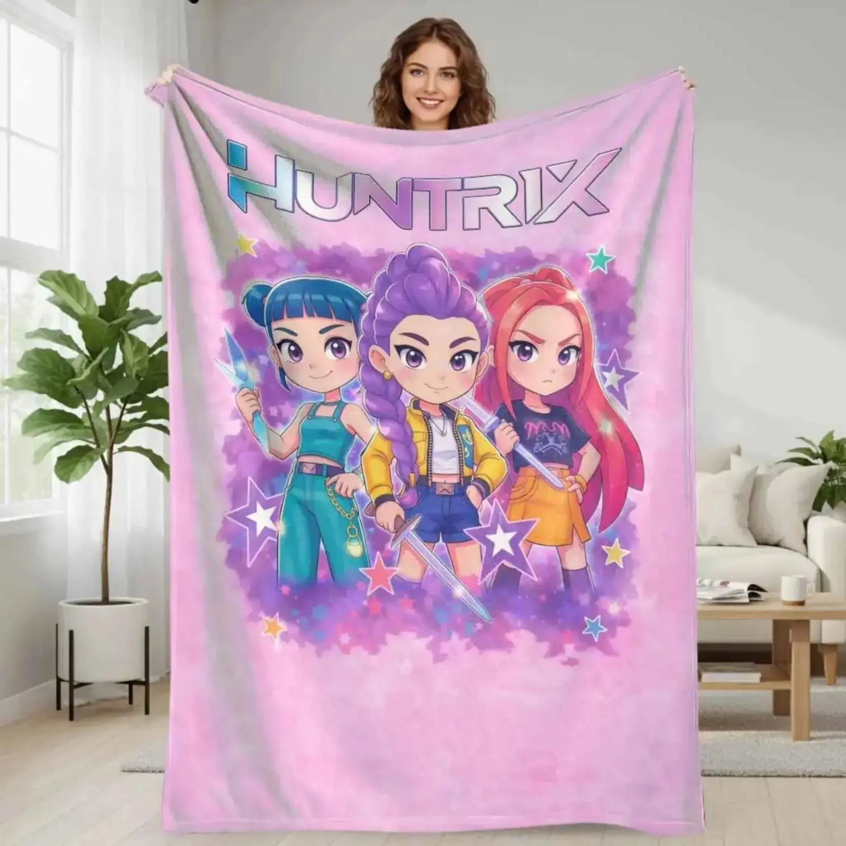 Huntrix Girl Squad Flannel Blanket Colorful Anime Art Print Star Sword Throw Soft Cozy Fleece Blanket Gamer Room Decor Bedding Dorm Essentials Birthday Gift Idea