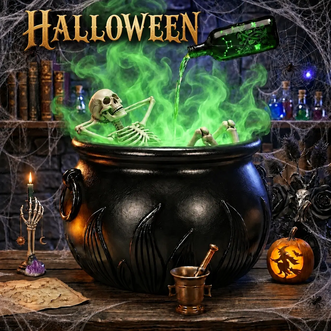 Black Plastic Halloween Cauldron Decorative Party Supplies - Indoor Home Decor with Reusable Magic Floating Potion Bottles, Dense Fog Diffuser, Stickers for Hocus Pocus Festive Gifts, Glow-In-The-Dark Feature