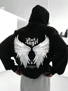 Men's Dark Angel Wings Print Hoodie, Casual Loose Fit Long Sleeve Sweatshirt, Spring & Fall Fashion with Pockets, Daily Wear Top