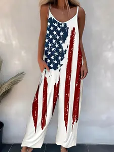 New Women's Ethnic Printed Casual Tank Top Sleeveless Romper, Adjustable Spaghetti Straps, Comfortable Long Pants, Trendy Fashion Wear, Casual Jumpsuits, Womenswear