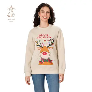 Women's Christmas Sweatshirt Loose Reindeer Letter Print Crew Neck Long Sleeve Casual Pullover Tops for Fall Winter Lady Womenswear